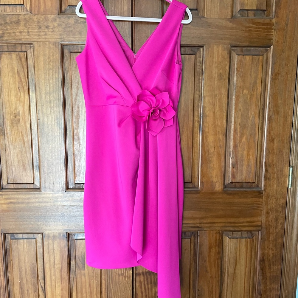 Vibrant Pink Asymmetrical Dress with Floral Detail